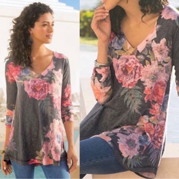 SOFT SURROUNDINGS Long Sleeve Tunic Size PXL Floral Print Knit Rayon Blend Shirt - Picture 1 of 9